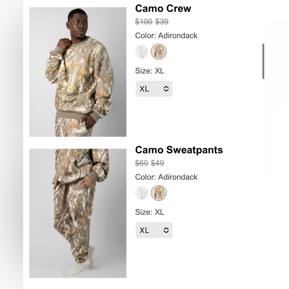 Comfrt sweatsuit XL CAMO crewneck top and sweatpants